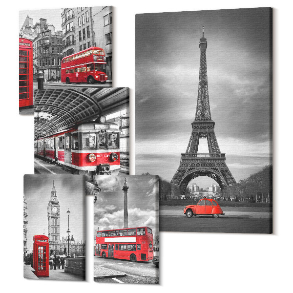 Set tablouri 5 piese Peisaje urbane elegante, cu repere emblematice din Londra și Paris