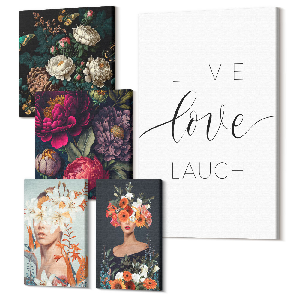 Set tablouri 5 piese Inspirații florale cu sloganuri motivaționale pentru interioare