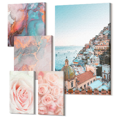 Set tablouri 5 piese Peisaje romantice cu trandafiri și accente pastelate