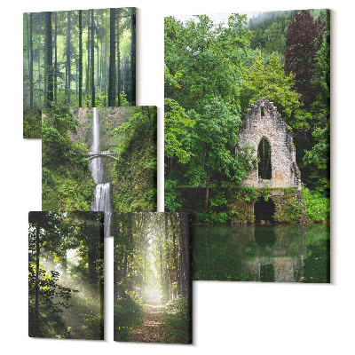 Tablouri canvas set 5 piese Păduri verzi și cascade într-un cadru natural