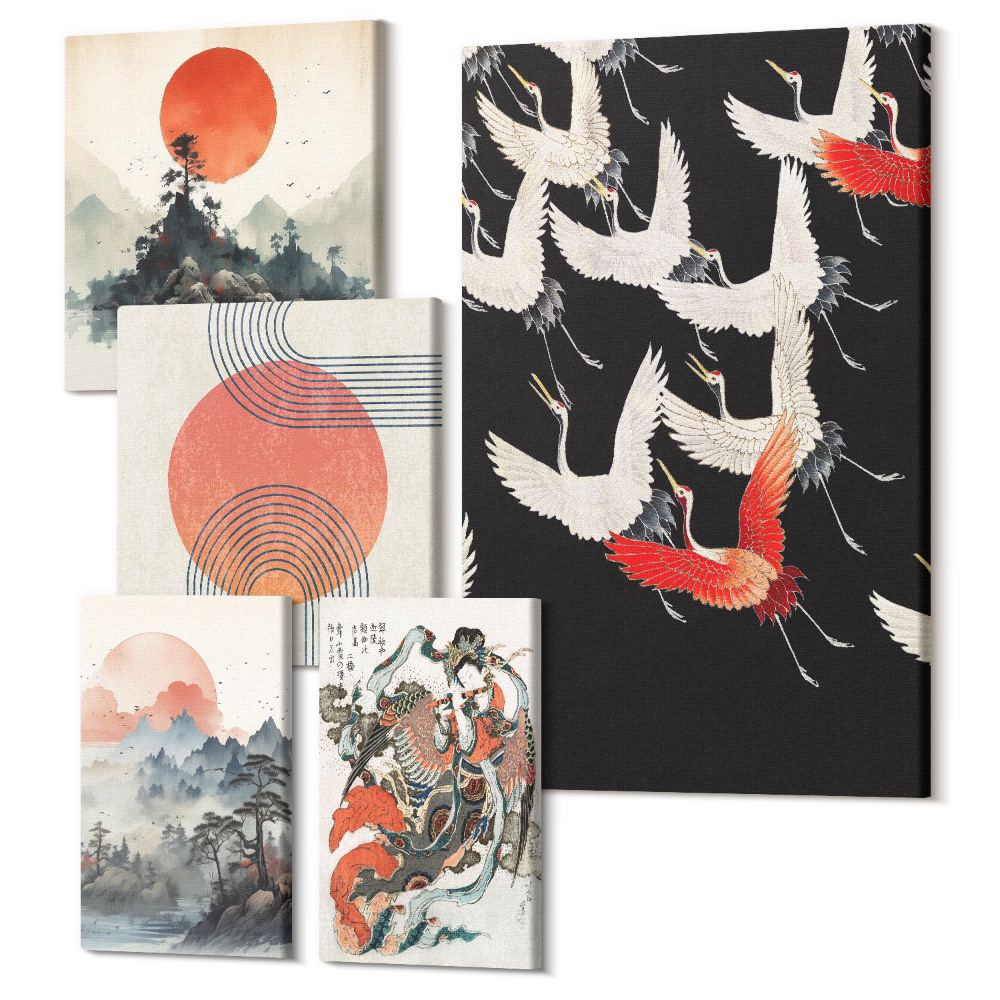 Tablou din 5 piese Artă japoneză, teme ale naturii și tradiției într-un stil modern