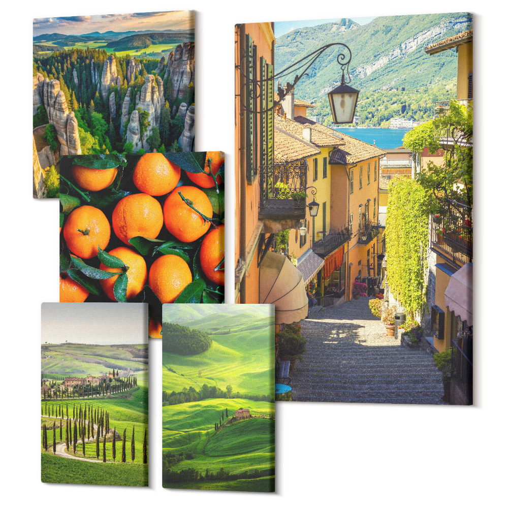 Tablouri canvas set 5 piese Peisaje rurale fermecătoare și inspirații de fructe