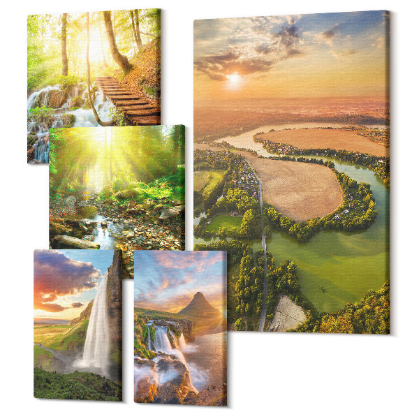 Tablou din 5 piese Peisaje naturale cu cascade și văi verzi
