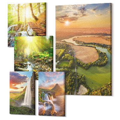 Tablou din 5 piese Peisaje naturale cu cascade și văi verzi