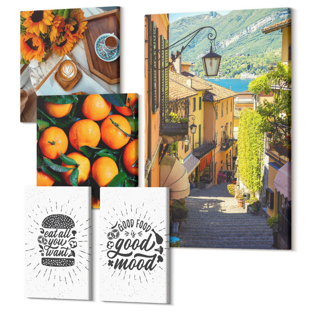 Set tablouri 5 piese Atmosfera de cafenea, vederi la stradă și accente delicioase