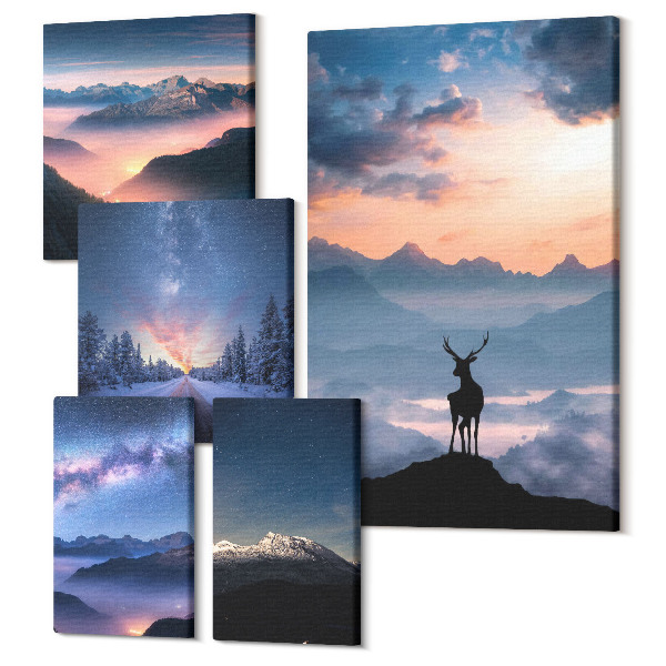 Tablou din 5 piese Peisaje montane cu animale sălbatice și cerul nopții