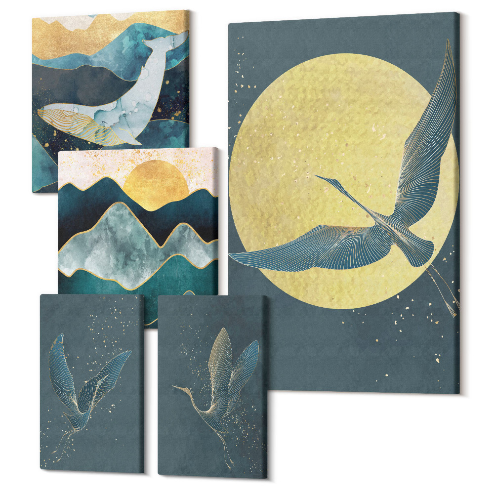 Set tablouri 5 piese Păsări în zbor și peisaje montane într-un stil modern