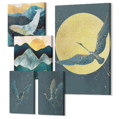 Set tablouri 5 piese Păsări în zbor și peisaje montane într-un stil modern