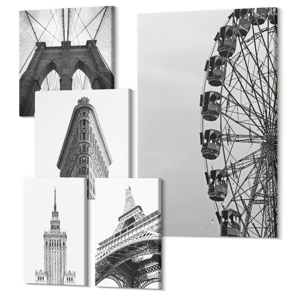 Tablouri canvas set 5 piese Arhitectura metropolelor lumii în alb-negru