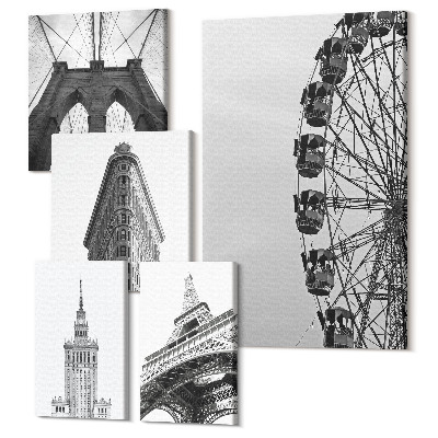 Tablouri canvas set 5 piese Arhitectura metropolelor lumii în alb-negru