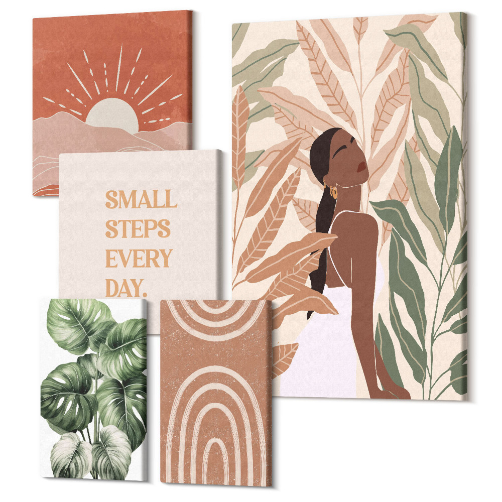 Set tablouri 5 piese Stil boho cu un motiv vegetal și sloganuri pozitive