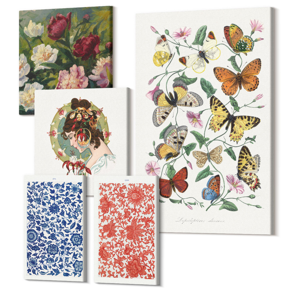 Tablouri canvas set 5 piese Decoratiuni vintage florale si fluturi