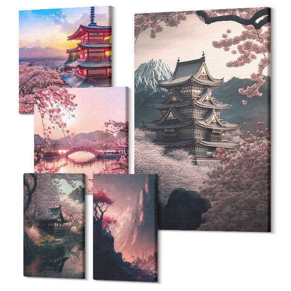 Tablouri canvas set 5 piese Peisaje japoneze cu flori de cireș și pagode