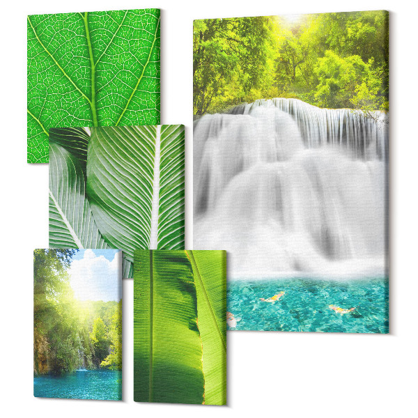 Tablouri canvas set 5 piese Peisaje tropicale cu cascade și frunze de palmier