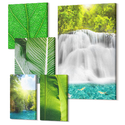 Tablouri canvas set 5 piese Peisaje tropicale cu cascade și frunze de palmier