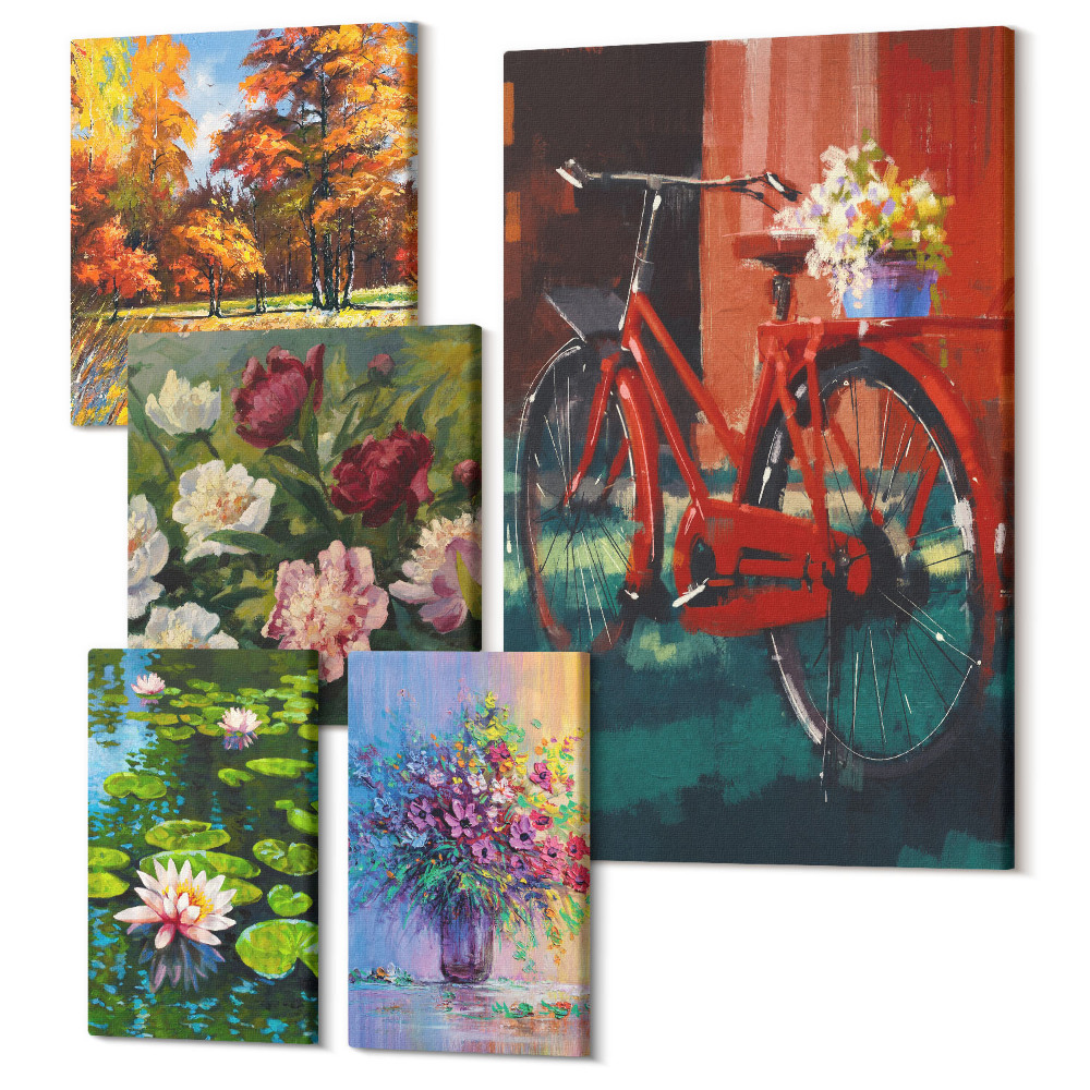 Tablou din 5 piese Flori în peisaje de primăvară cu o bicicletă pe fundalul naturii