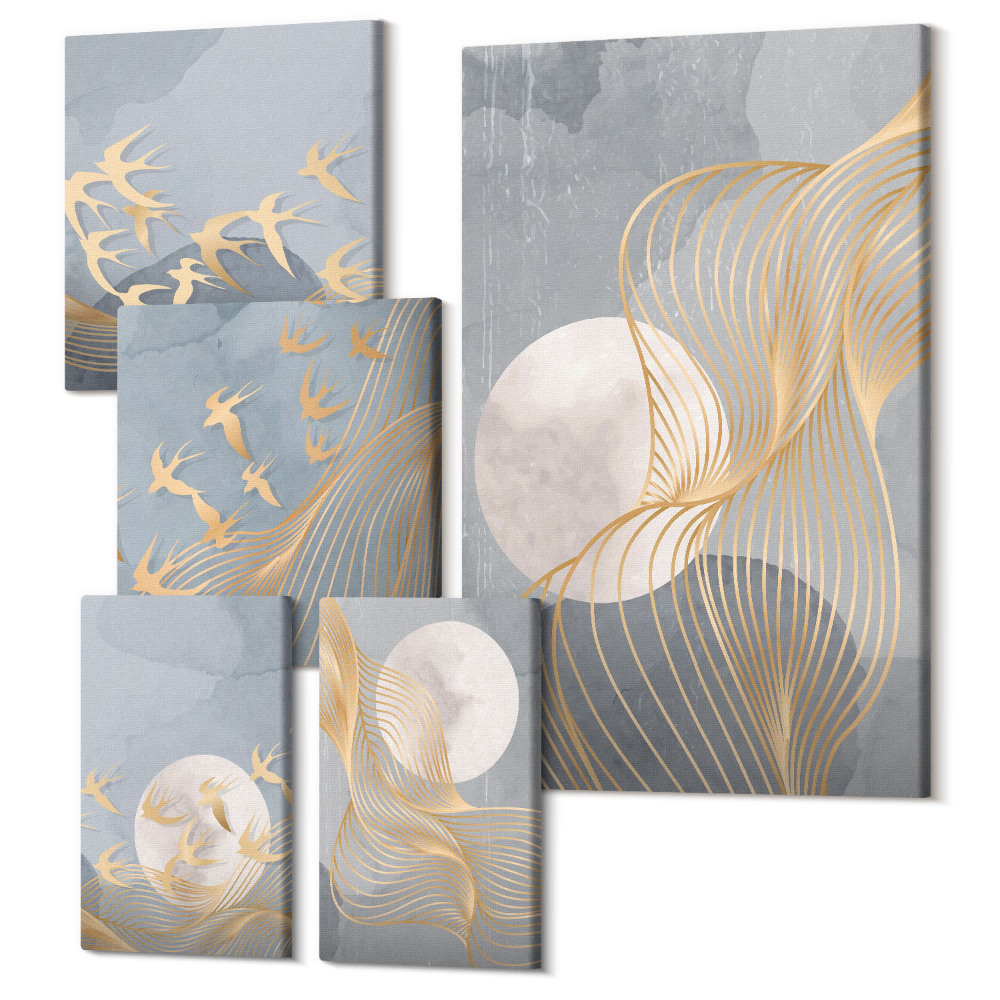 Tablouri canvas set 5 piese Compoziții abstracte cu valuri și păsări în mișcare