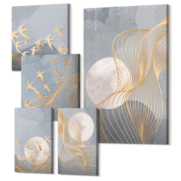 Tablouri canvas set 5 piese Compoziții abstracte cu valuri și păsări în mișcare