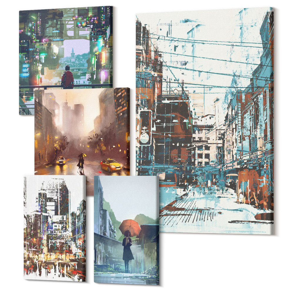 Set tablouri 5 piese Peisaje urbane moderne cu străzi și figuri