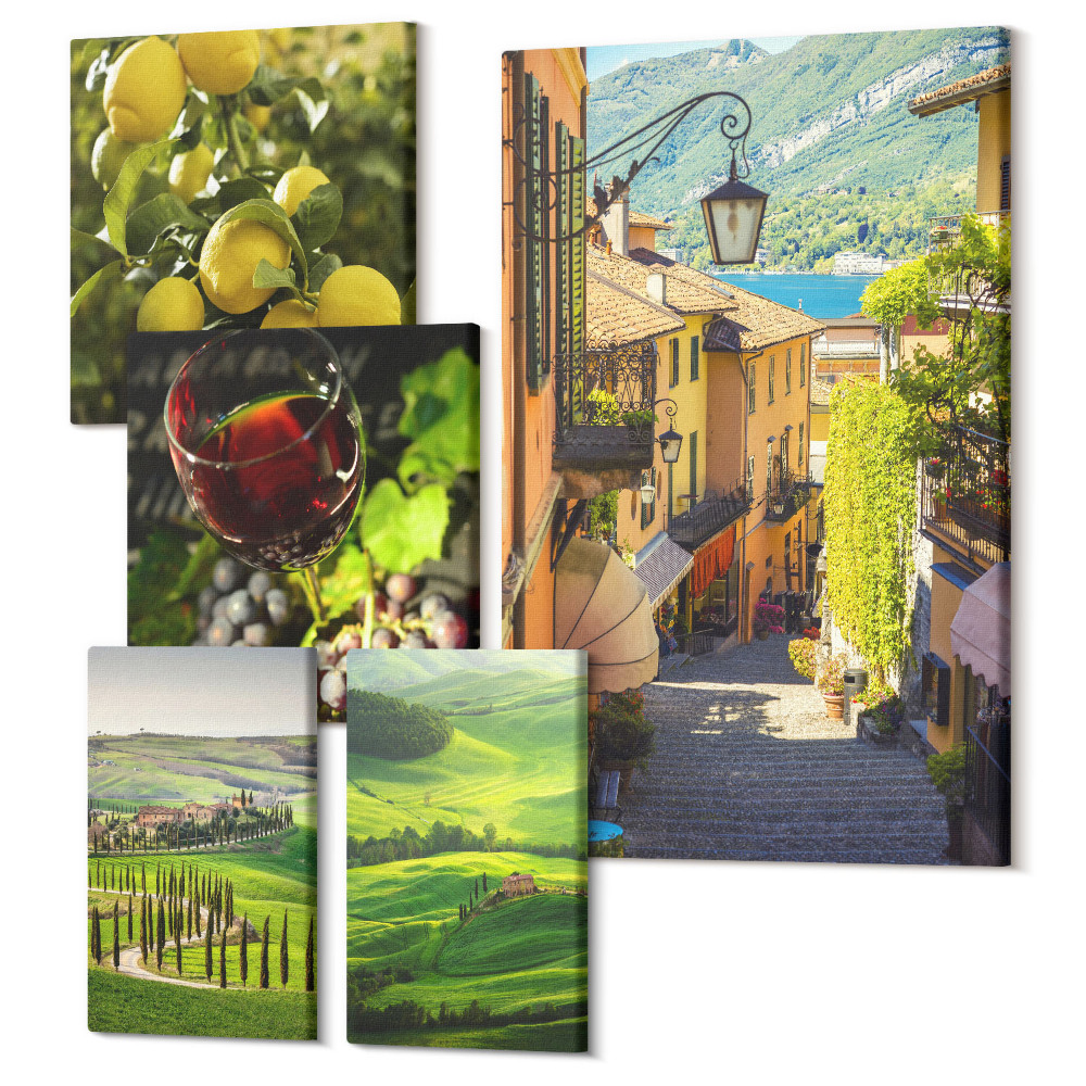 Tablouri canvas set 5 piese Peisajele fermecătoare ale Toscanei italiene cu viță de vie și lămâi