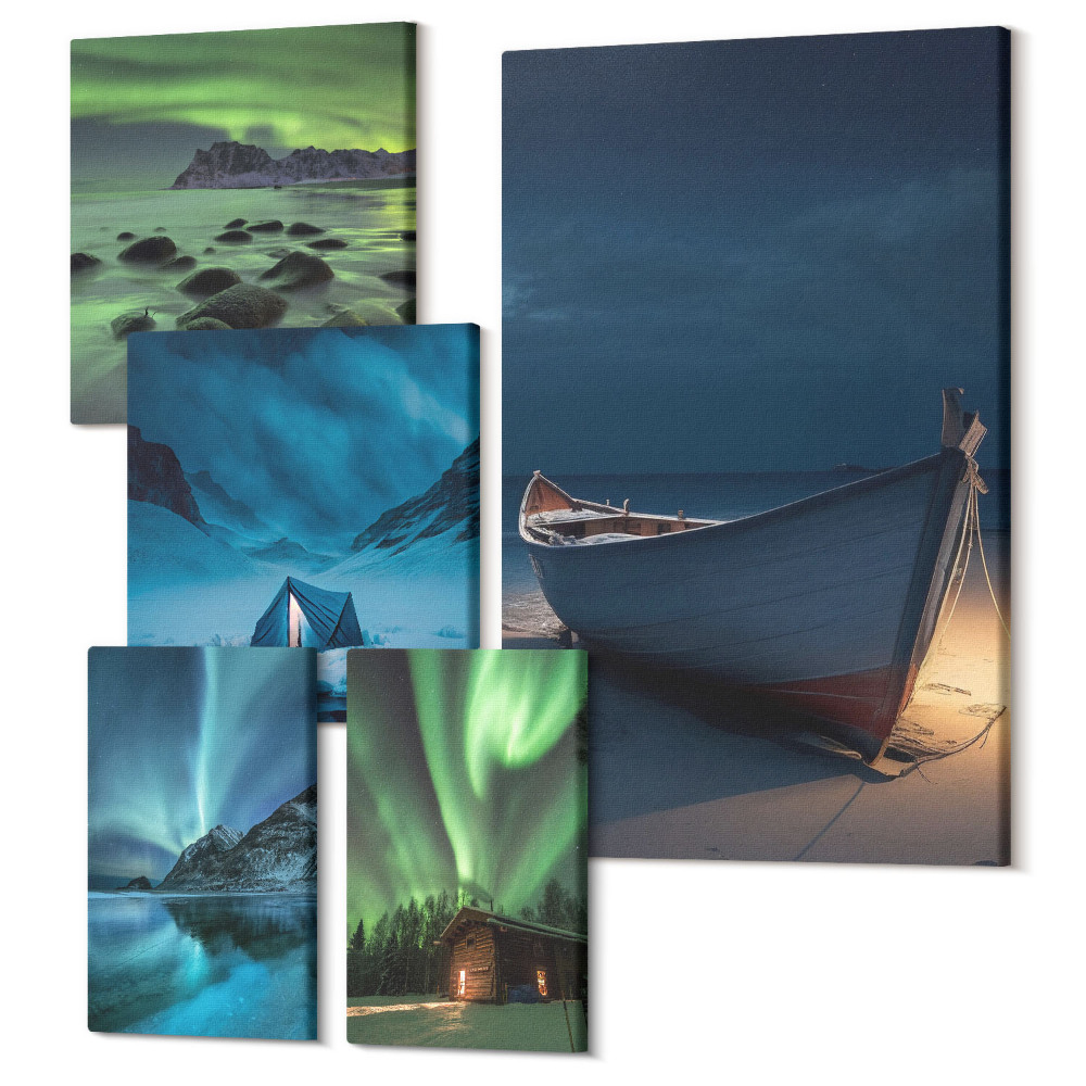 Tablou din 5 piese Peisaje de iarnă cu aurore boreale și cer de noapte