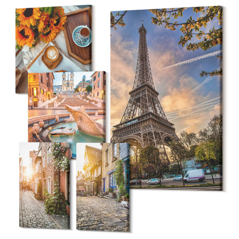 Tablouri canvas set 5 piese Vederi atmosferice, fermecătoare ale orașelor și cafenelelor europene