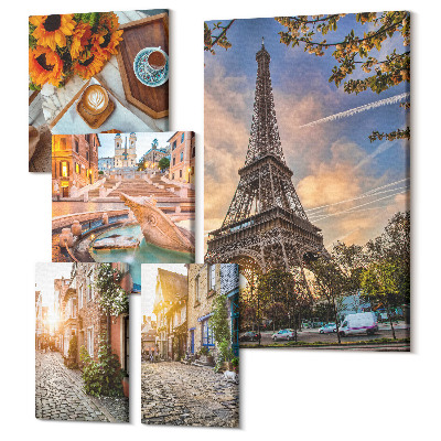 Tablouri canvas set 5 piese Vederi atmosferice, fermecătoare ale orașelor și cafenelelor europene