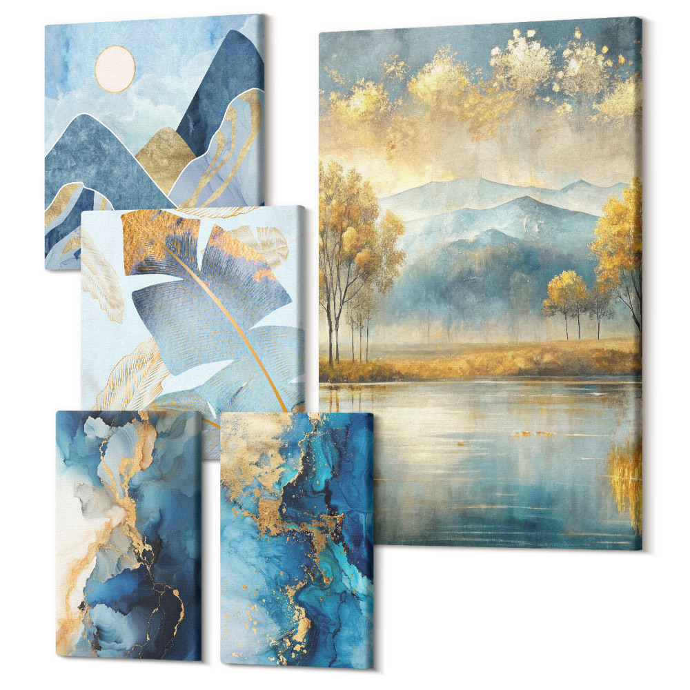 Tablouri canvas set 5 piese Peisaje montane elegante, cu accente vegetale