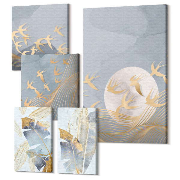 Set tablouri 5 piese Accente elegante cu un motiv de păsări și frunze în nuanțe de gri