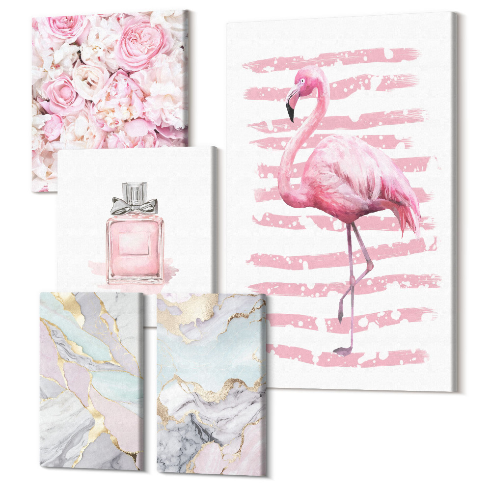 Tablou din 5 piese Accente elegante în nuanțe de roz cu flori și un flamingo