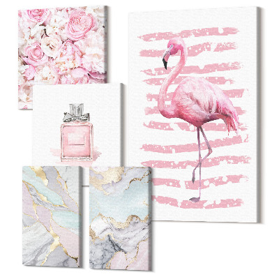 Tablou din 5 piese Accente elegante în nuanțe de roz cu flori și un flamingo
