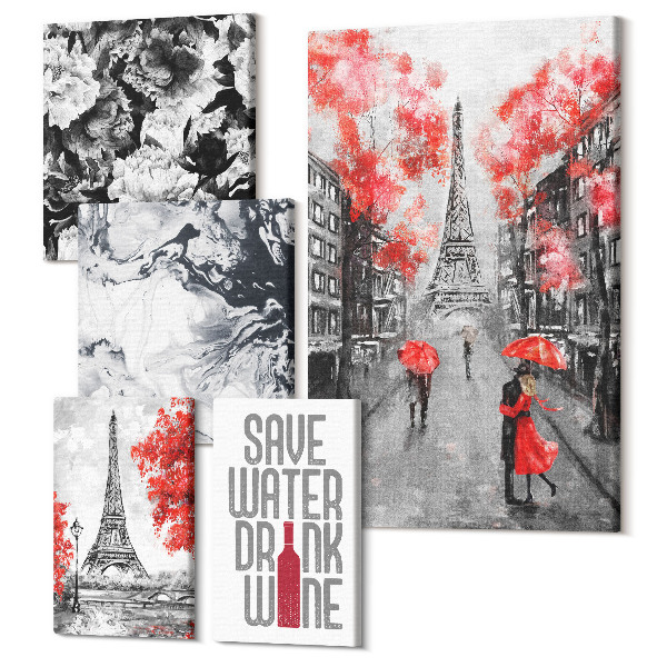 Set tablouri 5 piese Vederi pariziene cu flori și modele abstracte