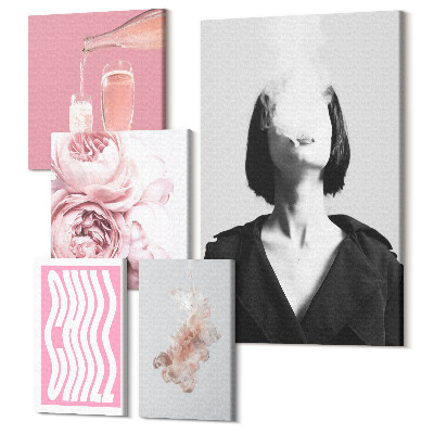 Set tablouri 5 piese Compoziții elegante cu accente roz și flori