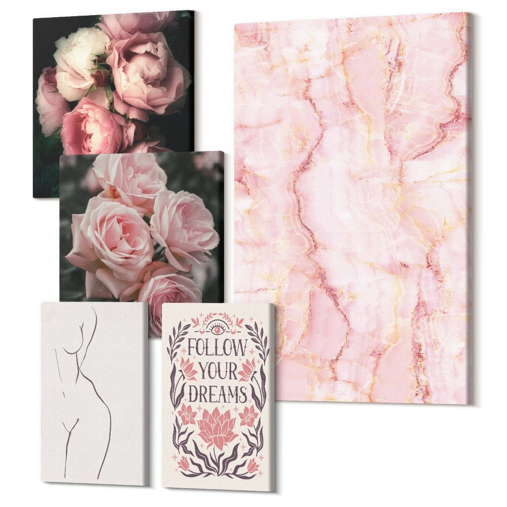 Tablouri canvas set 5 piese Flori roz și forme minimaliste în stil boho