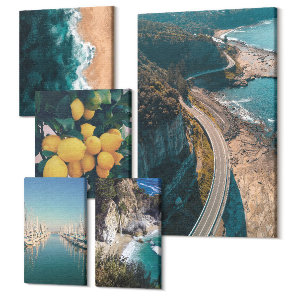 Tablouri canvas set 5 piese Peisaje de litoral cu plaje și citrice