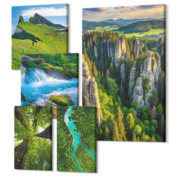 Tablouri canvas set 5 piese Peisaje naturale de munți, râuri, păduri și cascade
