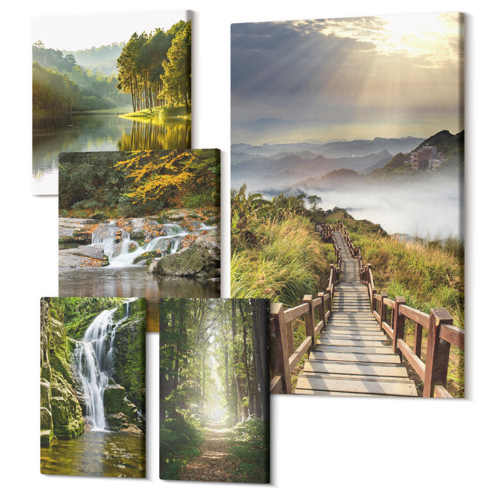 Tablouri canvas set 5 piese Peisaje naturale cu cascade și poteci forestiere