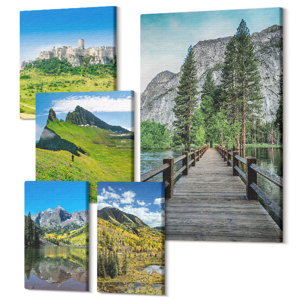 Tablou din 5 piese Peisaje naturale montane cu cascade si paduri