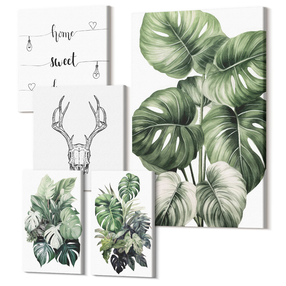 Tablouri canvas set 5 piese Motive vegetale cu elemente ale naturii și cuvântul acasă