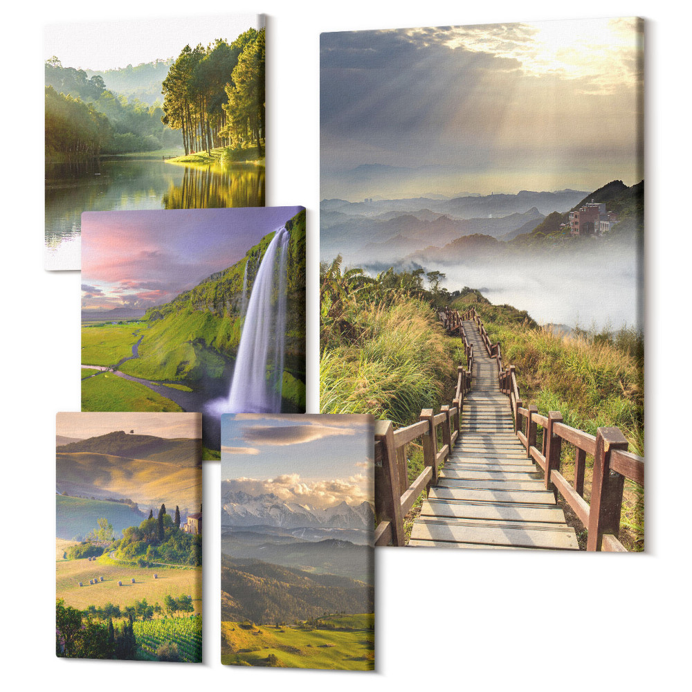 Tablou din 5 piese Peisaje naturale cu cascade și vederi la munte