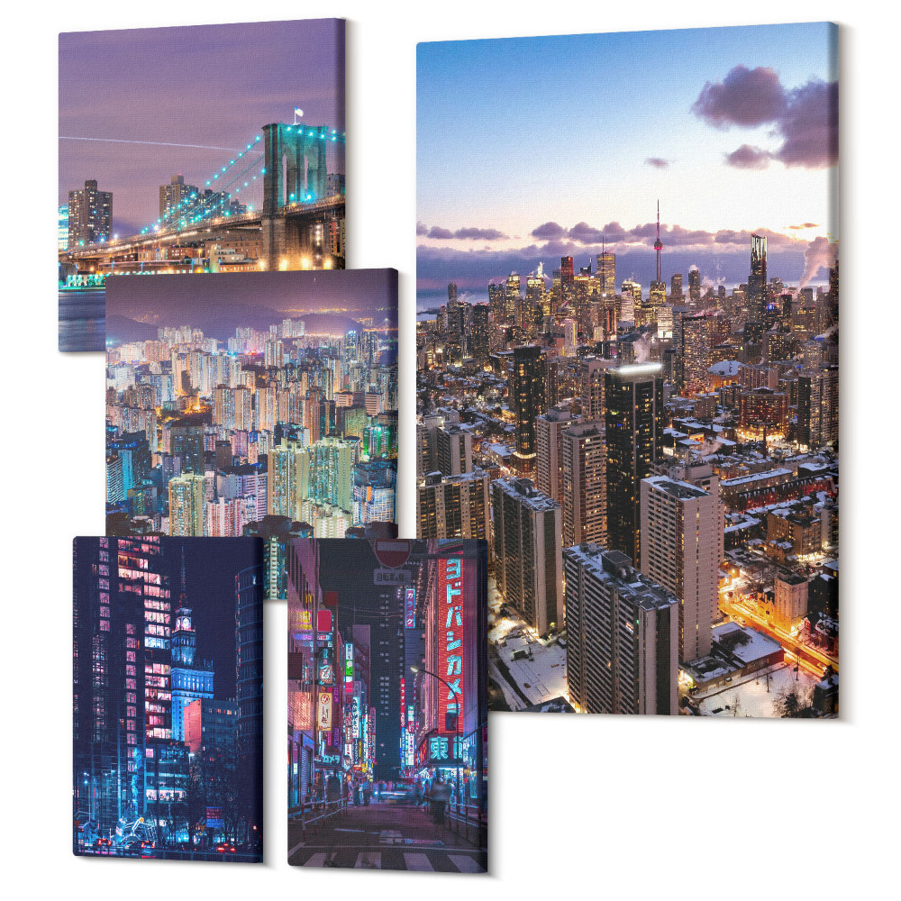 Tablouri canvas set 5 piese Peisaje nocturne moderne ale orașului, cu lumini de neon și zgârie-nori