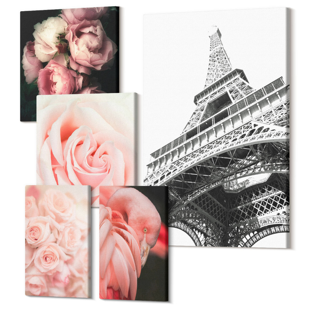 Set tablouri 5 piese Trandafiri roz și Turnul Eiffel într-un stil romantic