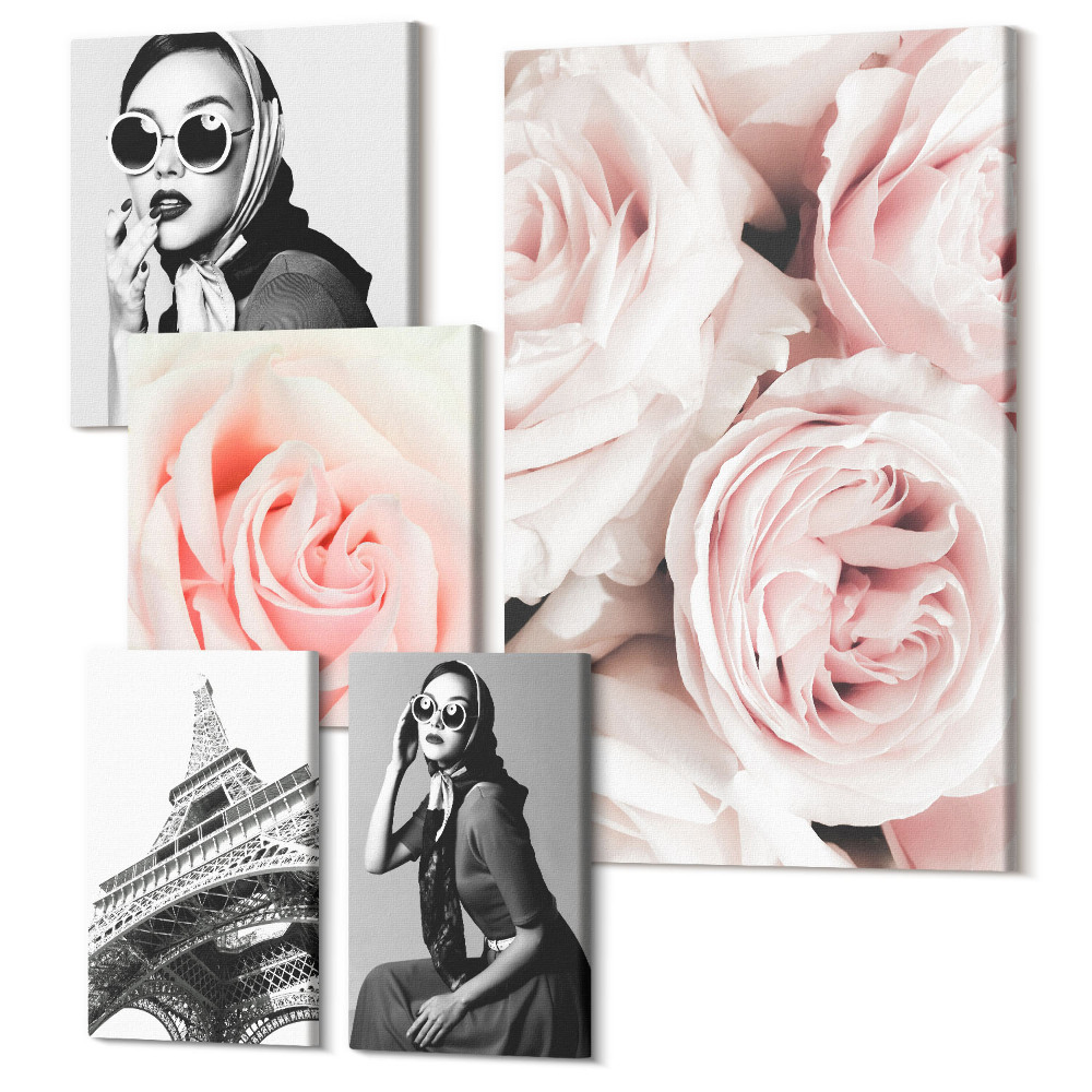 Set tablouri 5 piese Portrete elegante și trandafiri romantici într-o ediție elegantă