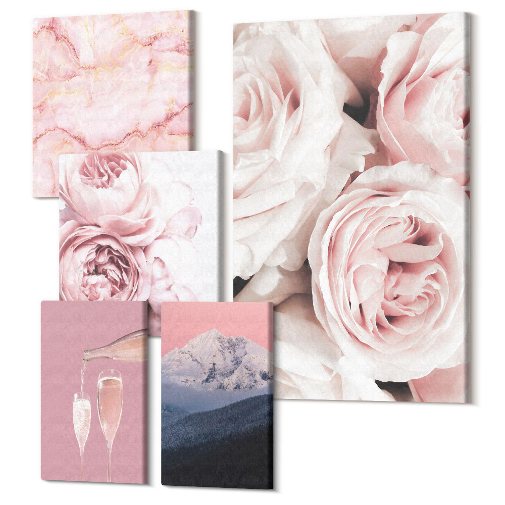 Tablouri canvas set 5 piese Flori roz accente elegante și modele delicate