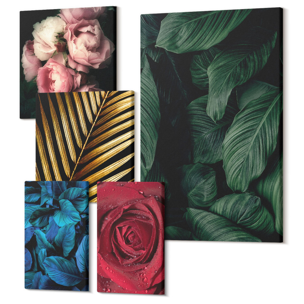 Tablouri canvas set 5 piese Motive vegetale cu flori și frunze în stil natural