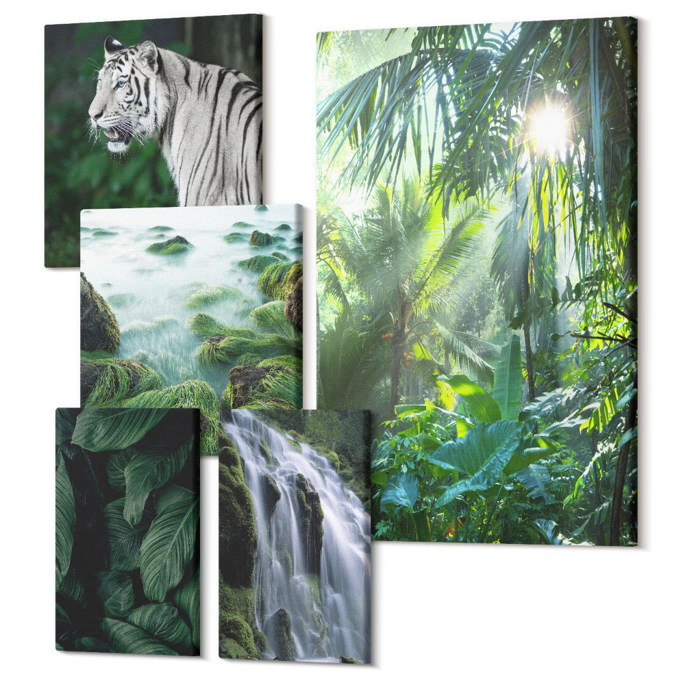 Tablou din 5 piese Natură tropicală cu animale sălbatice și cascade