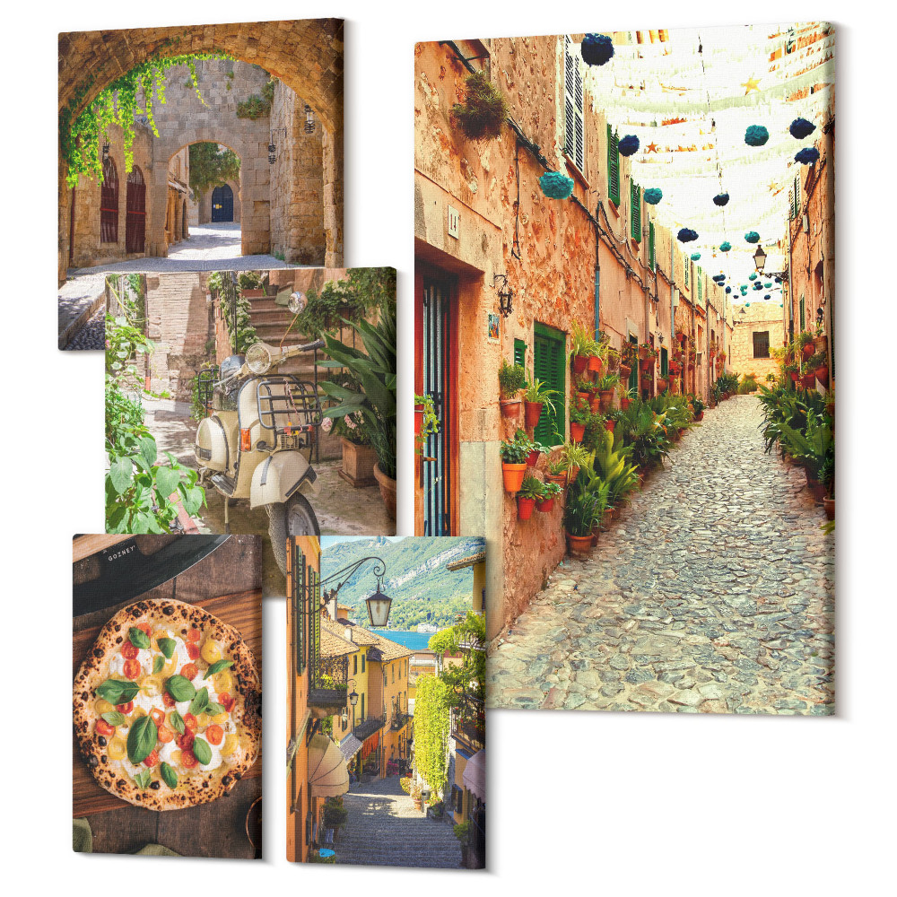 Tablou din 5 piese Străzi fermecătoare și mâncăruri delicioase în stil italian