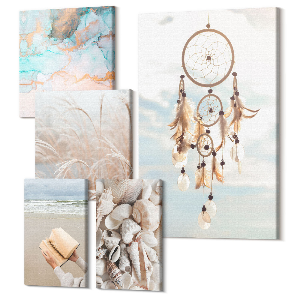 Set tablouri 5 piese Stilul boho visează la plajă și natură în tonuri delicate