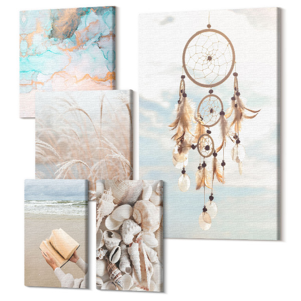Set tablouri 5 piese Stilul boho visează la plajă și natură în tonuri delicate