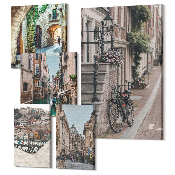 Tablou din 5 piese Străzi fermecătoare ale orașelor europene cu biciclete și canale